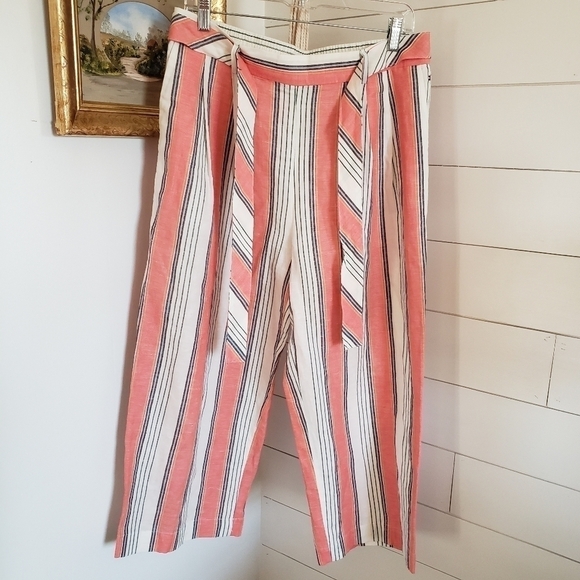 NWOT Tommy Hilfiger Coral Striped High Rise Linen Belted Crop Pants Medium - Picture 3 of 6